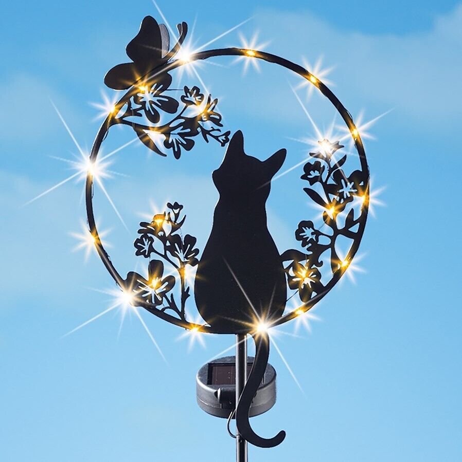 Shadow Silhouette Cat Garden Stake Solar Powered LED Light Kitty Iron Ou... - $29.01