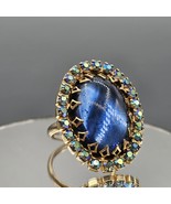 Mid Century AB Rhinestone Ring Gold Tone Adjustable Blue Cabochon Center - $39.99