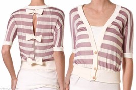 NEW Coutori Purple Stripes Button Bow Detailed Crop Top Open Back Cardigan S - £12.04 GBP