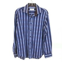 Mens Size Medium Bugatchi Uomo Blue Brown Retro Style Striped Button Front Shirt - £25.90 GBP