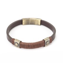 Retro Brushed Stainless Steel Bracelet Men and Women Brown Leather Wristband Vin - £16.53 GBP