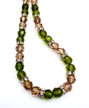 Green Brown Faceted Glass Rondelle Bead Necklace Toggle Clasp 18 in - £12.45 GBP