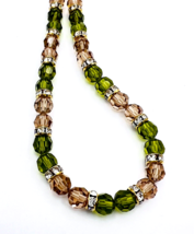 Green Brown Faceted Glass Rondelle Bead Necklace Toggle Clasp 18 in - $15.84