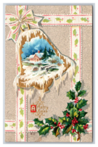 Merry Christmas Gilt Bell Landscape Holly Embossed UNP DB Postcard A16 - £3.12 GBP