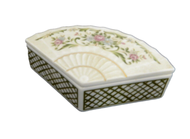 Fan Shaped Trinket Box Mann Japan Gold Trim Pink Roses Floral Collectible - £14.34 GBP