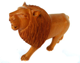 Wooden Llion Statue Art Hand Carved Rare Wild Animal Sculpture Figurine - $113.17