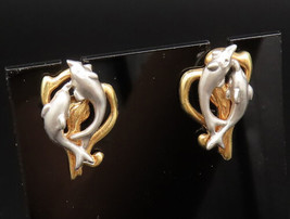 14K GOLD - Vintage Fancy Two Tone Double Dolphin Stud Earrings - GE201 - $436.44