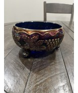 Fenton Carnival Glass Cobalt Blue  Iridescent Bowl Grape Leaf &amp; Cable 3 ... - $39.59