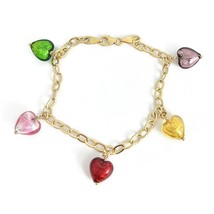 Vintage Italian Multicolored Heart Charm Bracelet 14K Yellow Gold, 6.64 Gr - £628.17 GBP