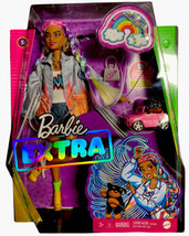 Barbie Extra Doll #5 in Long-Fringe Denim Jacket with Pet Puppy Rainbow Braids - £31.23 GBP