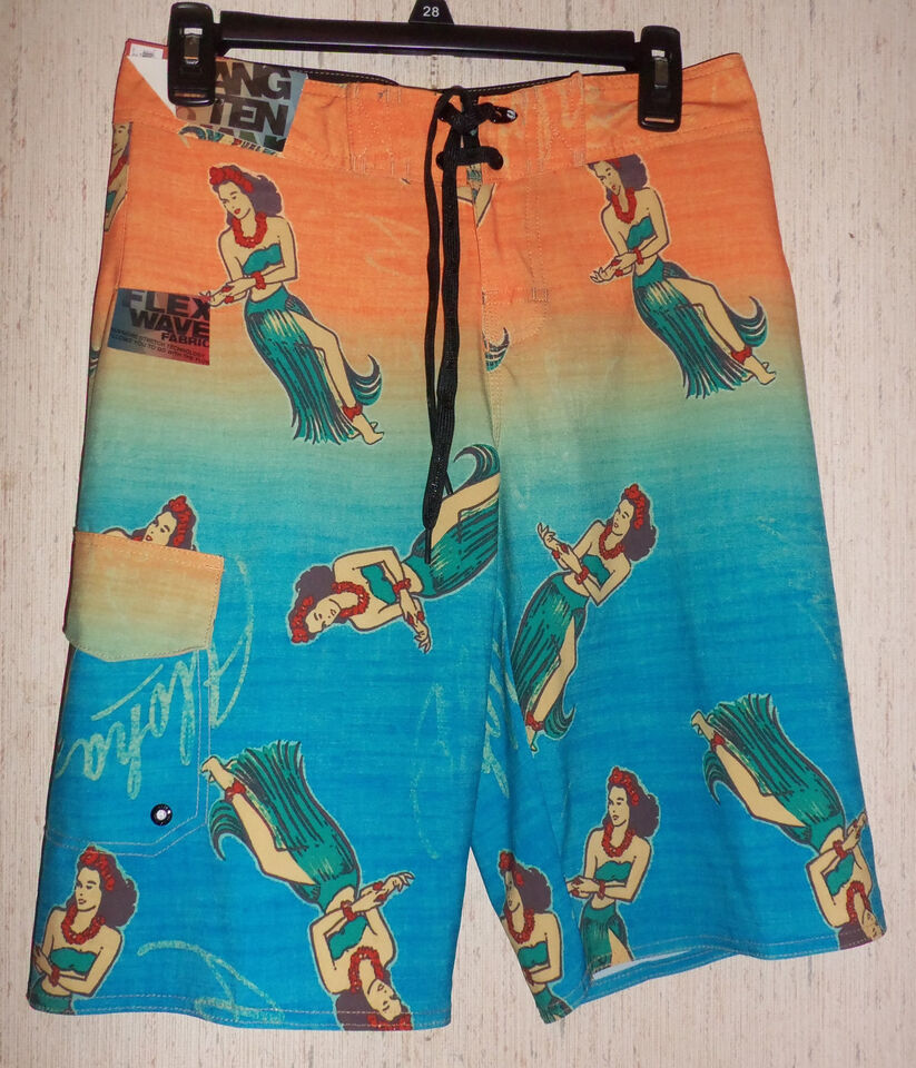 NWT MENS HANG TEN FLEX WAVE &quot;HULA GIRL&quot; NOVELTY PRINT BOARD SHORTS   SIZ... - $25.20