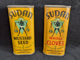 Antique Pair Wesco SUDAN Spice Tins ~ Whole Cloves &amp; Mustard Seed ~ Paper Label - £26.46 GBP