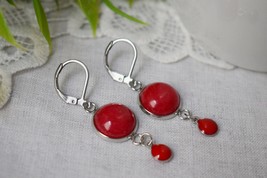 Red jade earrings, Red silver huggies, Gemstone drop and dangle earrings, Boho,  - £24.70 GBP