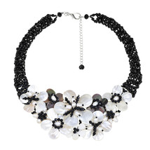 Black and White Garden Crystal Beads, Pearls and Seashell Floral Necklace - £63.69 GBP