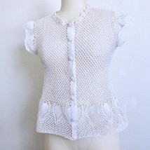 Vintage Hand Crocheted Button Down Cardigan Top S Cotton Openwork Lace Pineapple - £23.20 GBP