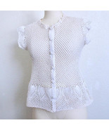 Vintage Hand Crocheted Button Down Cardigan Top S Cotton Openwork Lace P... - $40.67 CAD