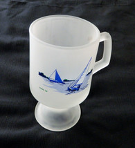 Tiara &#39;86 Indiana Glass Footed Frosted Coffee Mug Sail Boats depicted Lake Ocean - £7.81 GBP
