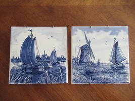 2x  Vintage Hand Painted Delft Blue Ceramic Tile Dutch Windmill Holland Germany - £15.66 GBP