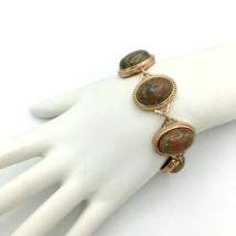 JZ unakite cabochon panel bracelet - green pink gemstone rose-gold tone 7&quot; - £18.78 GBP