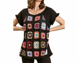 Linen Top with Colorful Crochet Patches - £29.70 GBP