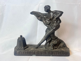 Art Nouveau Cast Metal Clock Topper Lamp Base Graceful Lady Extended Arm... - $197.95