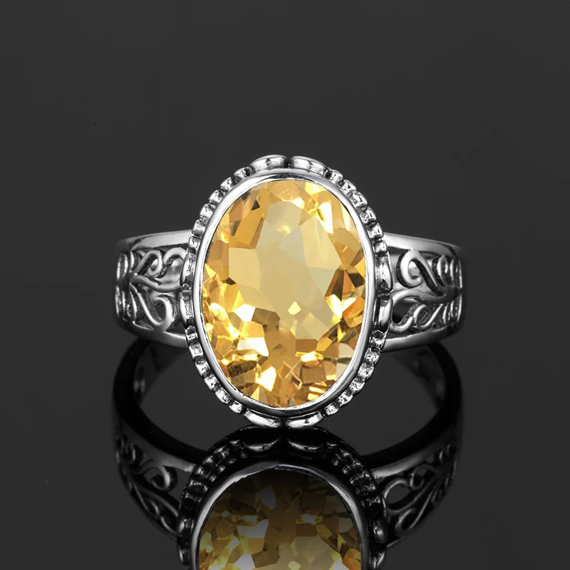 Yellow Citrine Ring For Women Silver 925  Mens Gemstone Rings Oval Bohemia Handm - £45.12 GBP