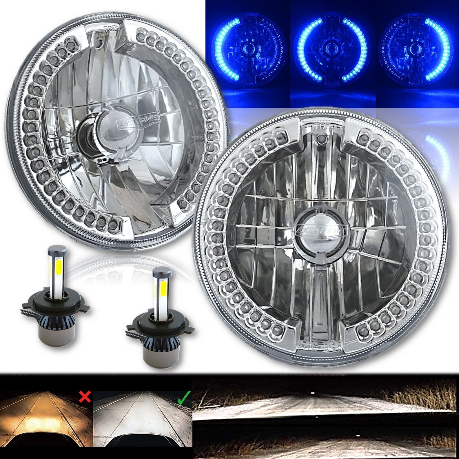 Primary image for 7" Split Blue Halo Ring Angel Eyes 6K 20/40w LED Headlight Light Bulbs Pair