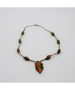Unakite Sterling Silver Beaded Necklace Leaf Stone Pendant Vintage Carve... - £26.54 GBP
