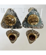 Brown Amber Crystal Earrings Handcrafted Semi Precious Stone Clip-on Tri... - $95.00