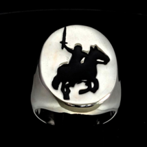 Oval silver men&#39;s ring Medieval Knight on Horse with Black enamel high polished  - £95.92 GBP