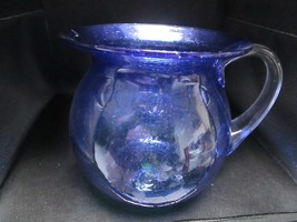 Art Garafe Pitcher blue cobalt controlled bubbles clear handle 8 x 9&quot; - £50.26 GBP