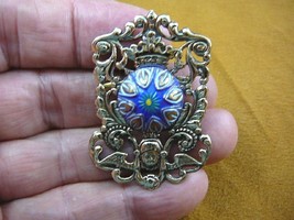 (Z18-26) blue white gold textured flower Czech glass button angel pin brooch - £15.42 GBP