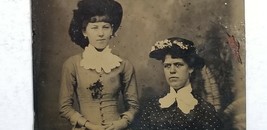 Antique Tintype Photograph Stern Woman &amp; Young Girl w/ Hats Mother Daughter E4 - £12.56 GBP