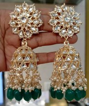 Bollywood Gold Plated Indian Kundan Big Jhumka Bottle Green Earrings Jewelry Set - £30.04 GBP