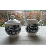 COTTAGE COLLECTION BLUE &amp; WHITE SUGAR BOWL W/LID AND CREAMER WINDMILL PA... - $25.72 CAD
