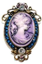Vintage Gold Color w/ Blue Crystal Trim Purple Cameo 2 &amp; 1/2&quot; Brooch - $10.99