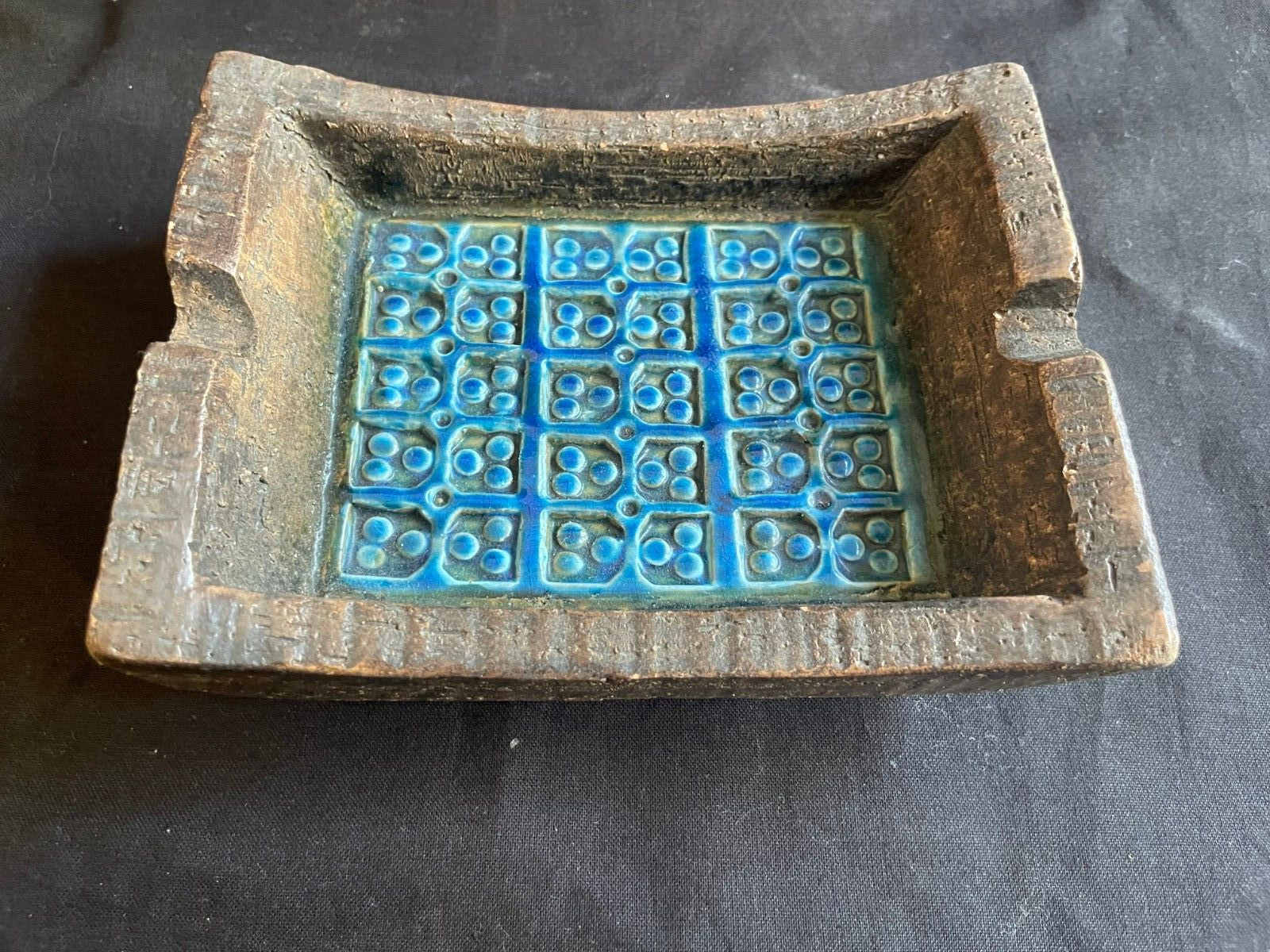 Bitossi Aldo Londi Pottery Ashtray Italy Brown Blue Glaze Dots Vtg MCM Art - $129.00