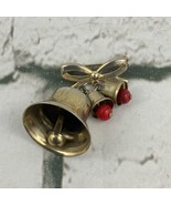 Brass Bell Lapel Pin Red Clappers Fashion Jewelry Christmas - £9.29 GBP