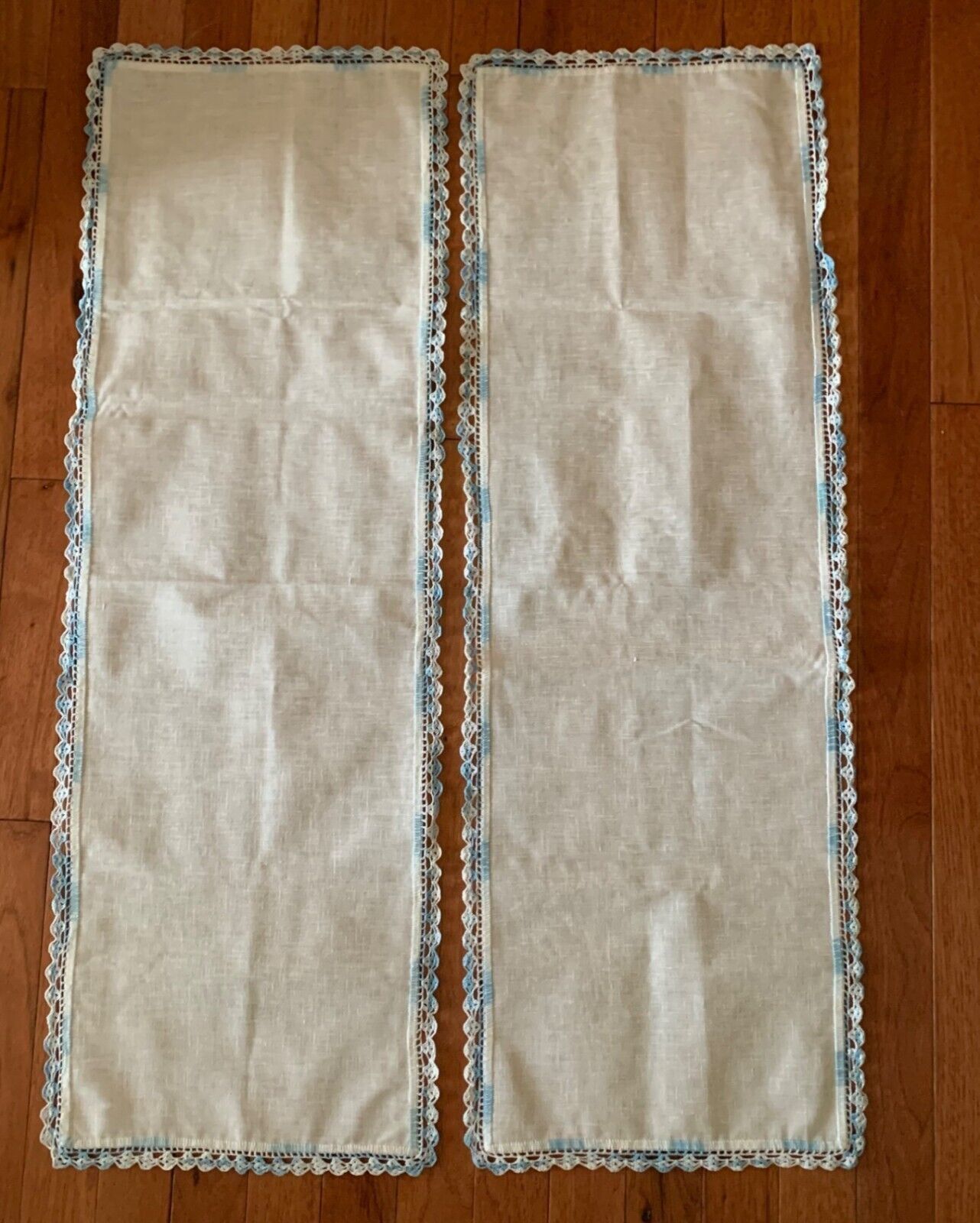 Vintage Linen Table Runners with Blue Crochet Trim 36x12 - $25.07