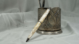 Vintage Ballpoint Pen - Cream Ivory Marbled Plastic/Celluloid Barrel - Brass Tip - £11.05 GBP