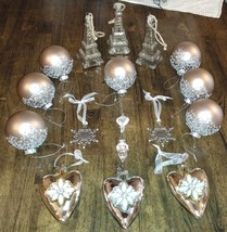 Christmas Tree Ornaments Silver/ Gold Paris Eifel Tower Heart Snowflake 16pc Lot - £39.53 GBP