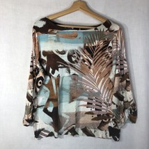 Chico&#39;s Size 2 White Brown Green Black Print Knit Tee Shirt Palm Tree - £19.71 GBP