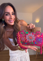 ZARA BNWT 2025. FUCHSIA EMBROIDERED FLORAL BAG CLUTCH WOOD. 4751/018/630 - $93.72