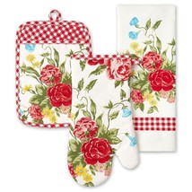 Pioneer Woman Sweet Rose Kitchen Set Towel Potholder Oven Mitt Red Check Floral - £18.35 GBP