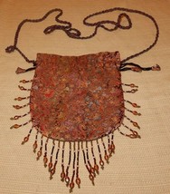 Vintage burgundy, pink &amp; purple tapestry pattern cloth hangbag w/ tassel accents - £15.98 GBP