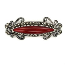 Vtg Sterling Signed 925 TH Art Deco Dark Red Carnelian with Marcasite Bar Brooch - £43.52 GBP