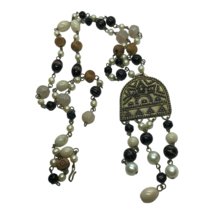 Vintage Bead Necklace dangler pendant Glass Wood Brass Plastic Long Boho artisan - £15.78 GBP