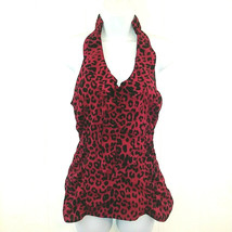 Express Womens Top XS Red Black Leopard Print Ruffled Ruched Sleeveless V Neck - £12.75 GBP