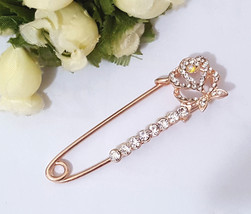 3pcs Lt Gold Rose Flower Clear White Rhinestone Brooch / Safety Pin 2-1/2&quot; B525 - £10.35 GBP