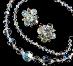 Aurora Borealis Crystal Bead Necklace Vintage Clip On Earrings Glass Beaded 26&quot; - £19.35 GBP
